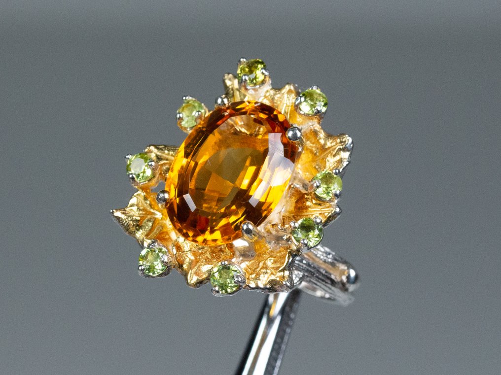 Zonder minimumprijs - Ring - 925 zilver - 7,50 ct citrien - 0,80 ct peridot #3.2
