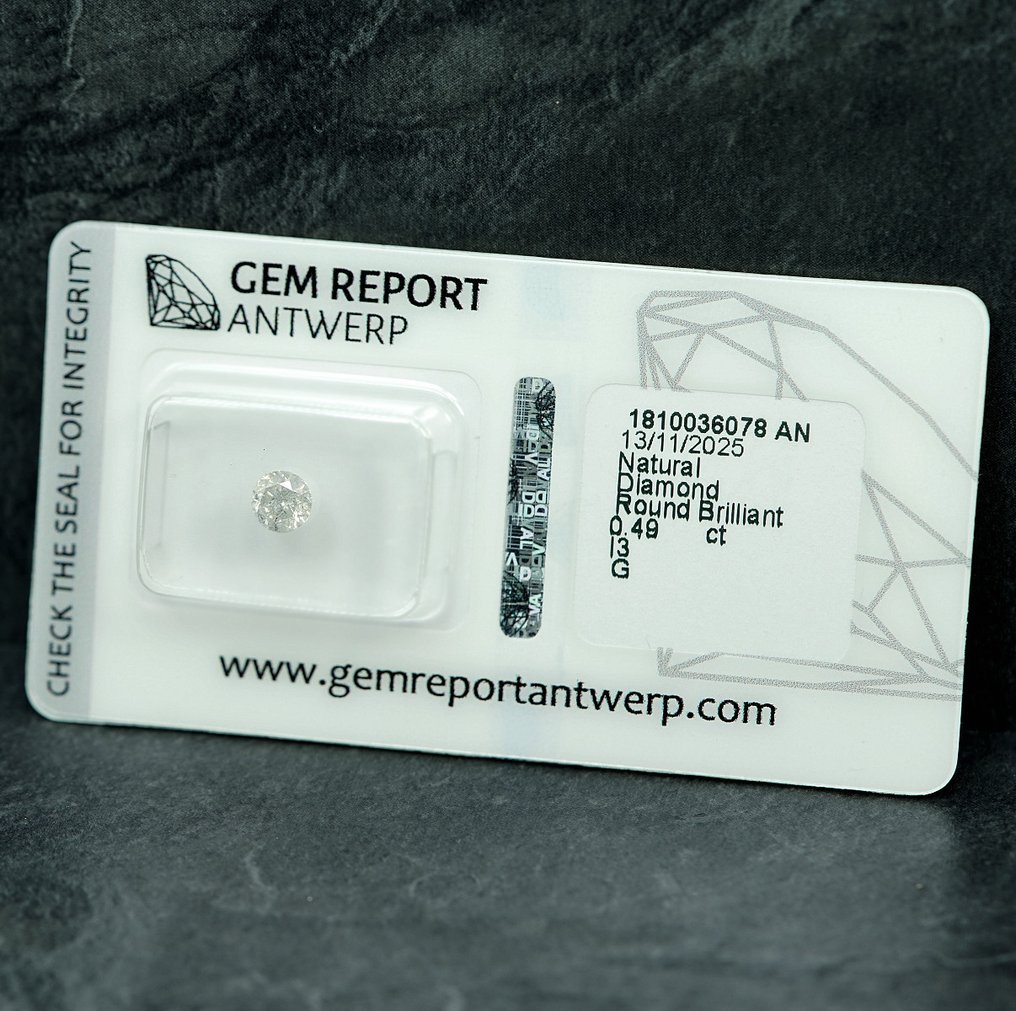 No reserve price - 1 pcs Diamond  (Natural)  - 0.49 ct - Round - G - I3 - Gem Report Antwerp (GRA) #2.1