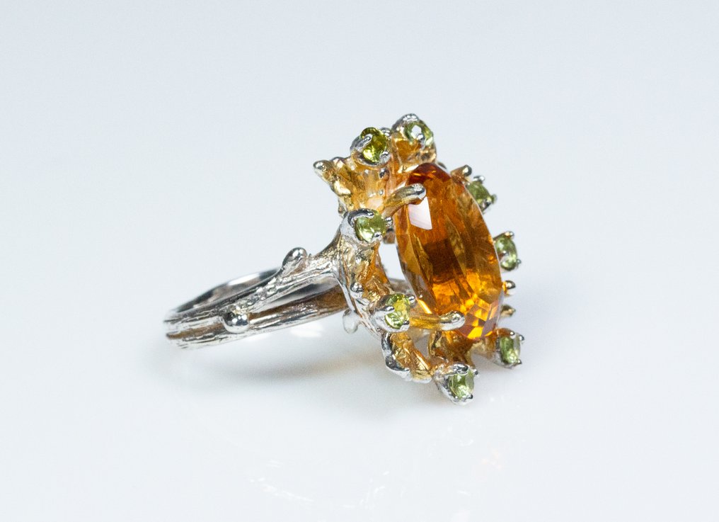 Zonder minimumprijs - Ring - 925 zilver - 7,50 ct citrien - 0,80 ct peridot #2.1