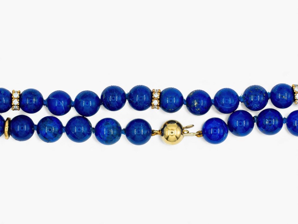 Zonder minimumprijs - Halsketting - 14 karaat IGI Antwerp, Geel goud - 0.80ct. tw. Diamant (Natuurlijk) - Lapis lazuli #3.2