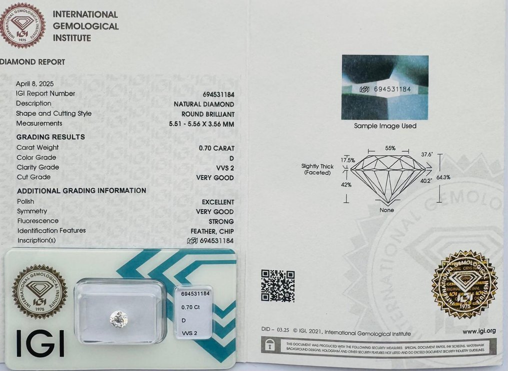 Ingen reservasjonspris - 1 pcs Diamant (Naturlig) - 0.70 ct - Rund - D (fargeløs) - VVS2 - Det internasjonale gemologiske institutt (IGI) - *VG EX* #2.1