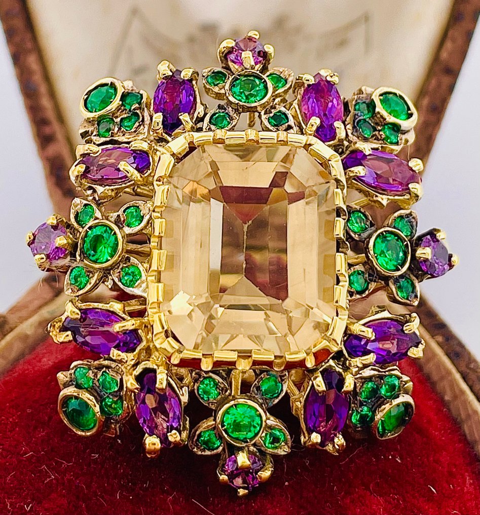 Ingen mindstepris - Ring - 9 kt. Gulguld, Sølv Kvarts - Smaragd #1.0