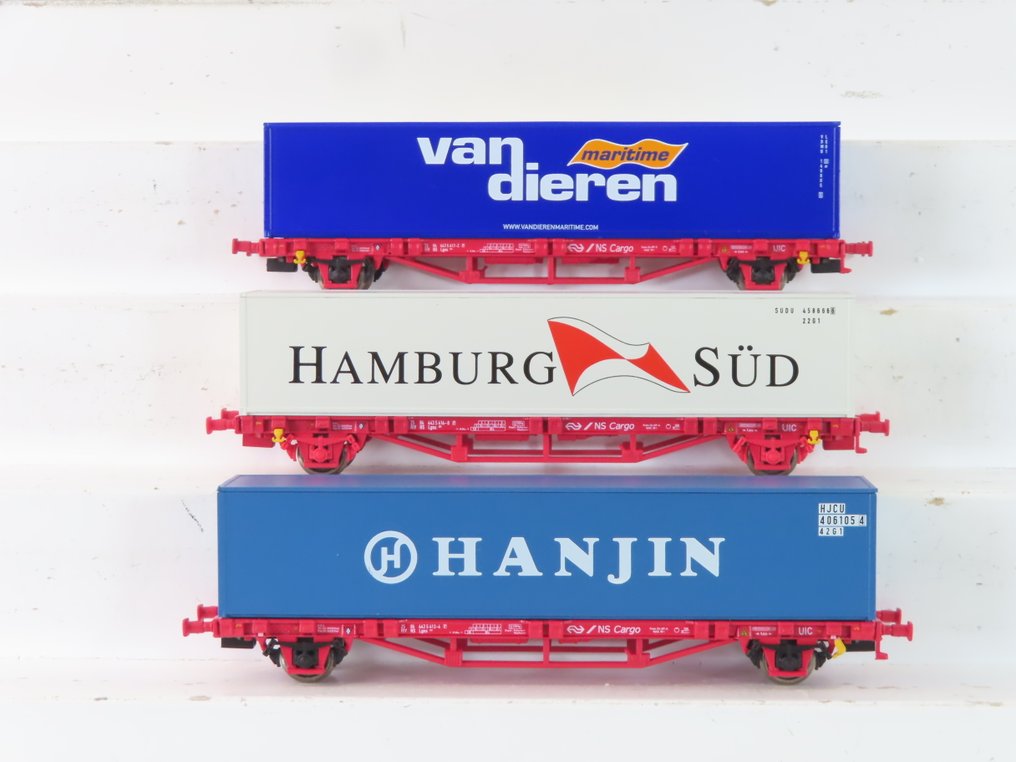Piko H0 - 95613/95658/95614 - Modelltog godsvogn (3) - 3 stk 2-akslede containerdraagere med trykkene 'HANJIN', 'Hamburg Sud' og 'Van Dieren'. - NS #1.0
