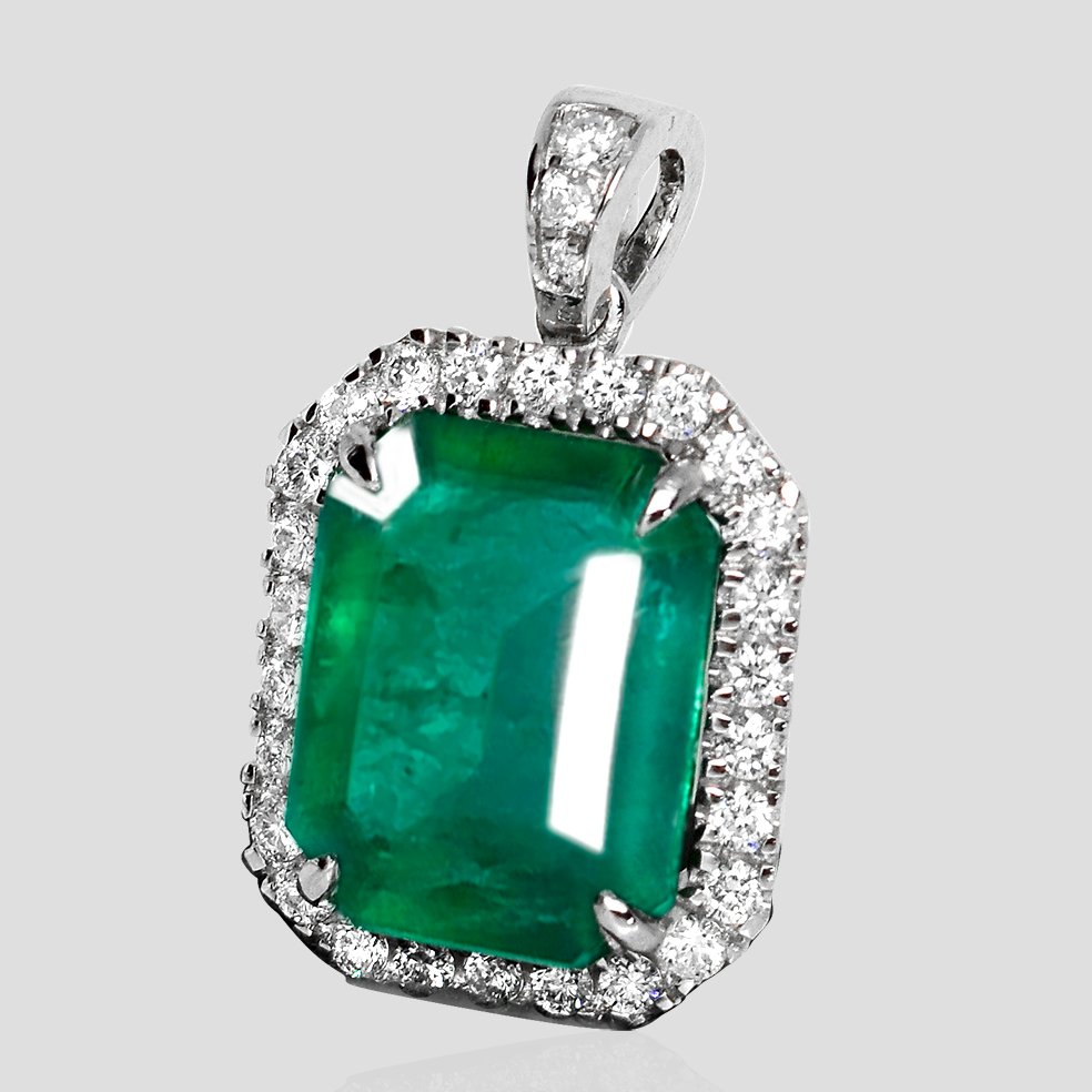 Utan reservationspris - Hänge - 14 kt IGI 3,82 ct Zambia mindre oljad intensiv grön, Vittguld -  4.16ct. tw. Smaragd - Diamant #4.3