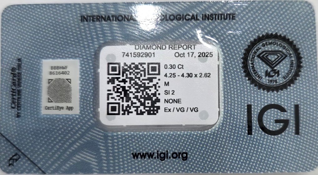 χωρίς τιμή ασφαλείας - 1 pcs Διαμάντι (Φυσικό) - 0.30 ct - Στρογγυλό - M - SI2 - International Gemological Institute (IGI) #3.2