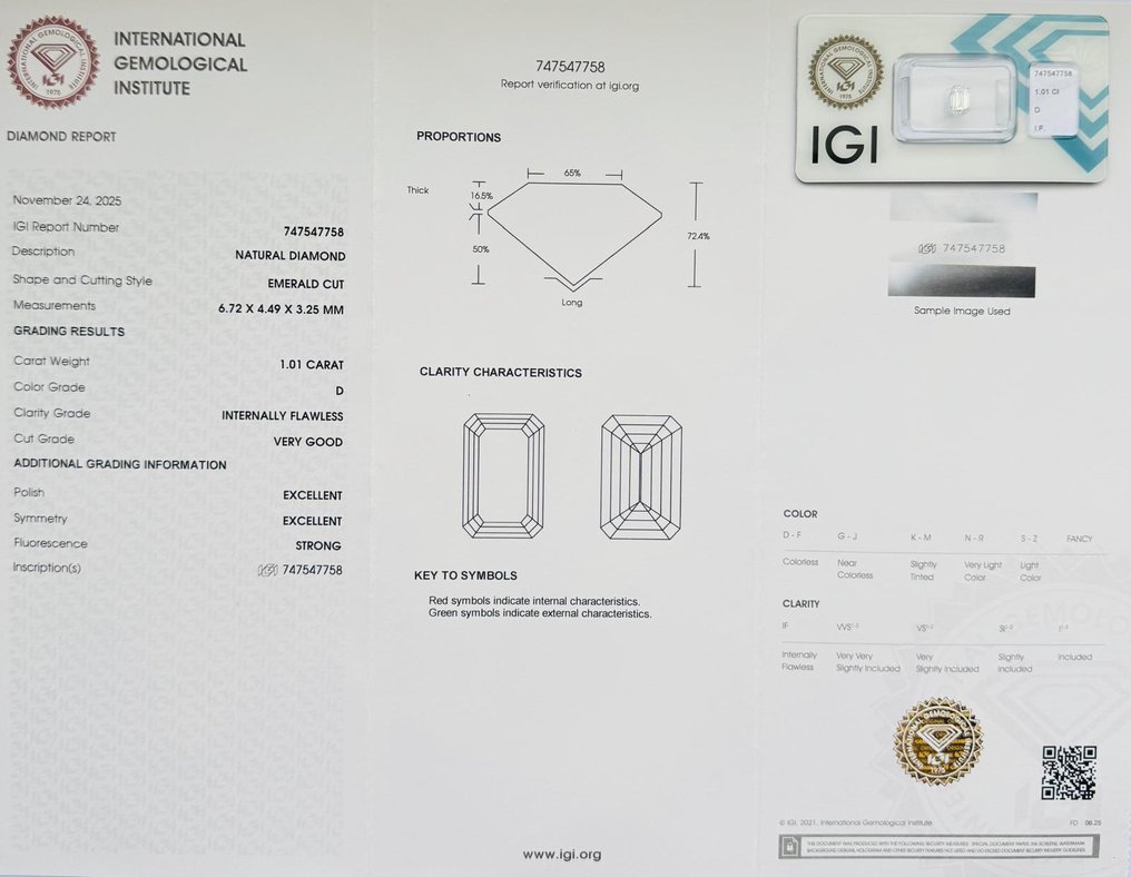 Ingen reservasjonspris - 1 pcs Diamant (Naturlig) - 1.01 ct - Smaragd - D (fargeløs) - IF - Det internasjonale gemologiske institutt (IGI) - *EX EX* #2.1