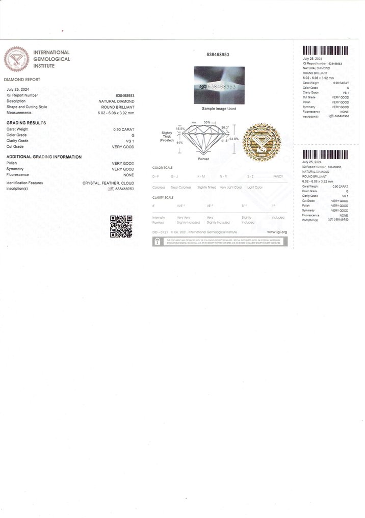 1 pcs Diamond  (Natural)  - 0.90 ct - Round - G - VS1 - International Gemological Institute (IGI) - IYN00167 #3.2