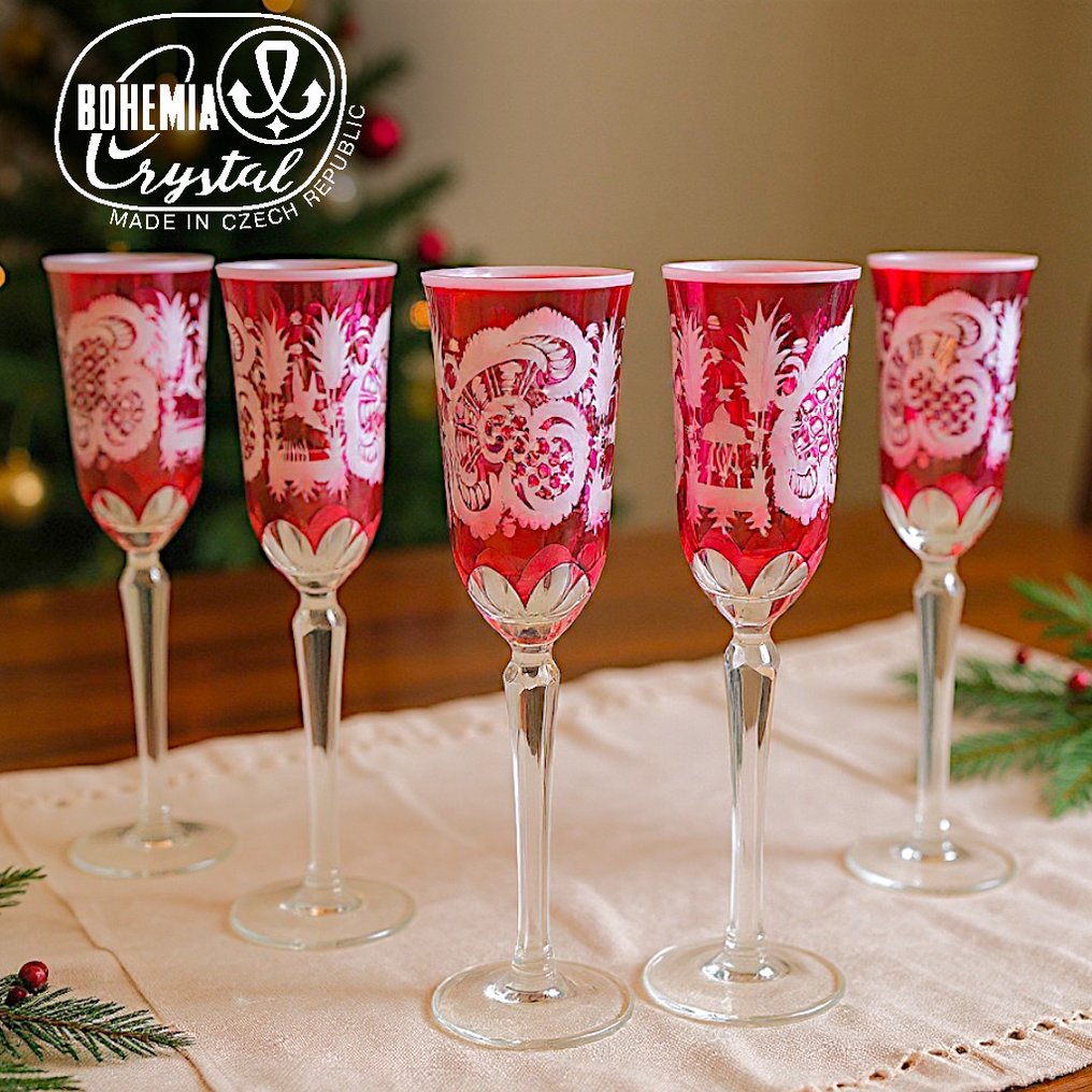 Champagne flute - 6个布拉姆水晶玻璃长笛,来自波西米亚水晶,饰有复杂的花卉和几何图案图案。 - 水晶 #1.0