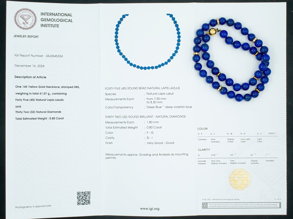 Zonder minimumprijs - Halsketting - 14 karaat IGI Antwerp, Geel goud - 0.80ct. tw. Diamant (Natuurlijk) - Lapis lazuli #4.3