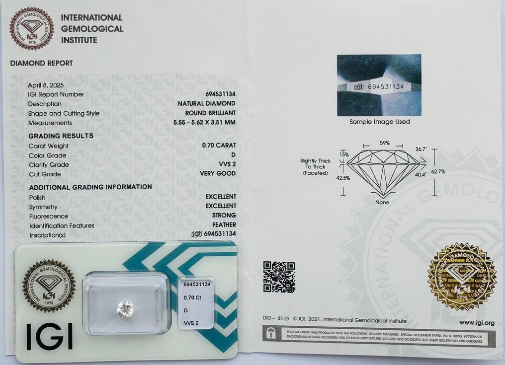 No reserve price - 1 pcs Diamond (Natural) - 0.70 ct - Round - D (colourless) - VVS2 - International Gemological Institute (IGI) - *VG EX* #2.1