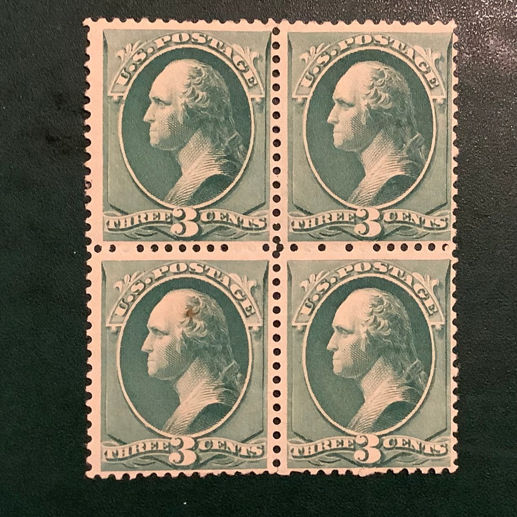 美國 1870 - 3美分乔治·华盛顿邮票四连块 - Michel 28 II #1.0