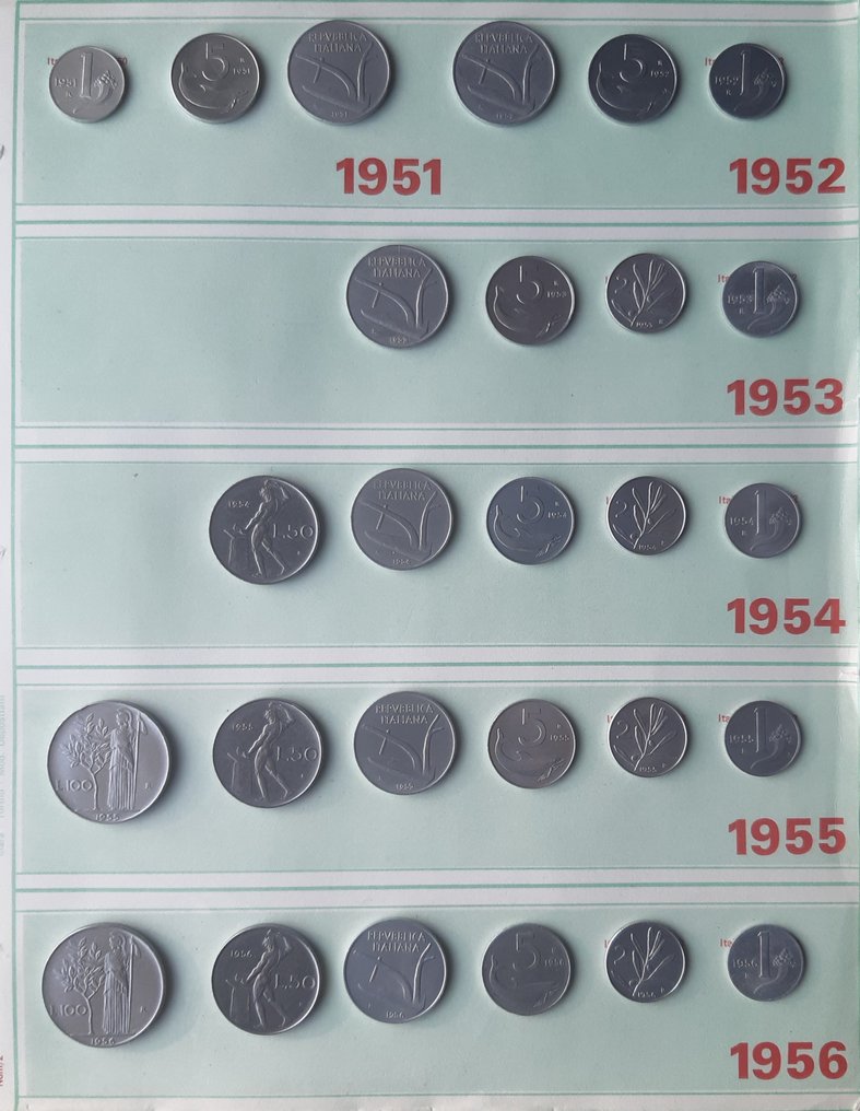 Italia, Republikken 6 Serie complete monete dal 1951 al 1956 con tutte le Rarità. inclusa 5 Lire 1956 (Molto Rara), la 50 Lire 1954 e la 100 Lire 1956 in ottima conservazione.  (Ingen reservasjonspris) #2.1
