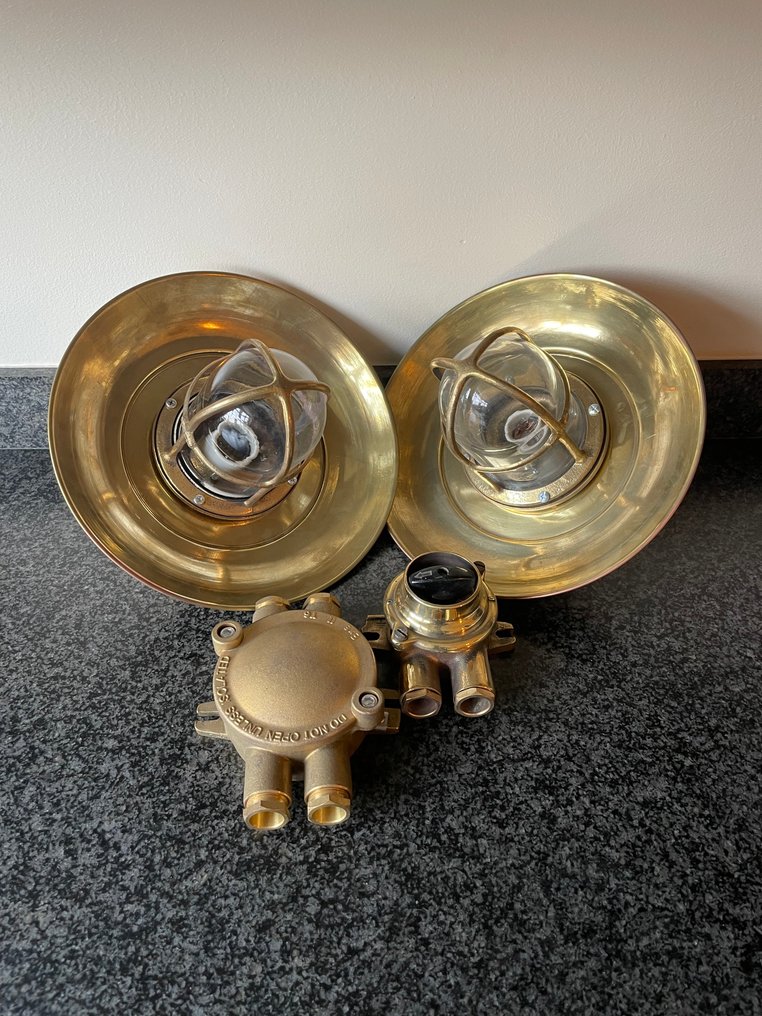 Caged ceiling lamp - Set of 4 pieces / brass / 2 pendant lamps, switch & a junction box. #1.0