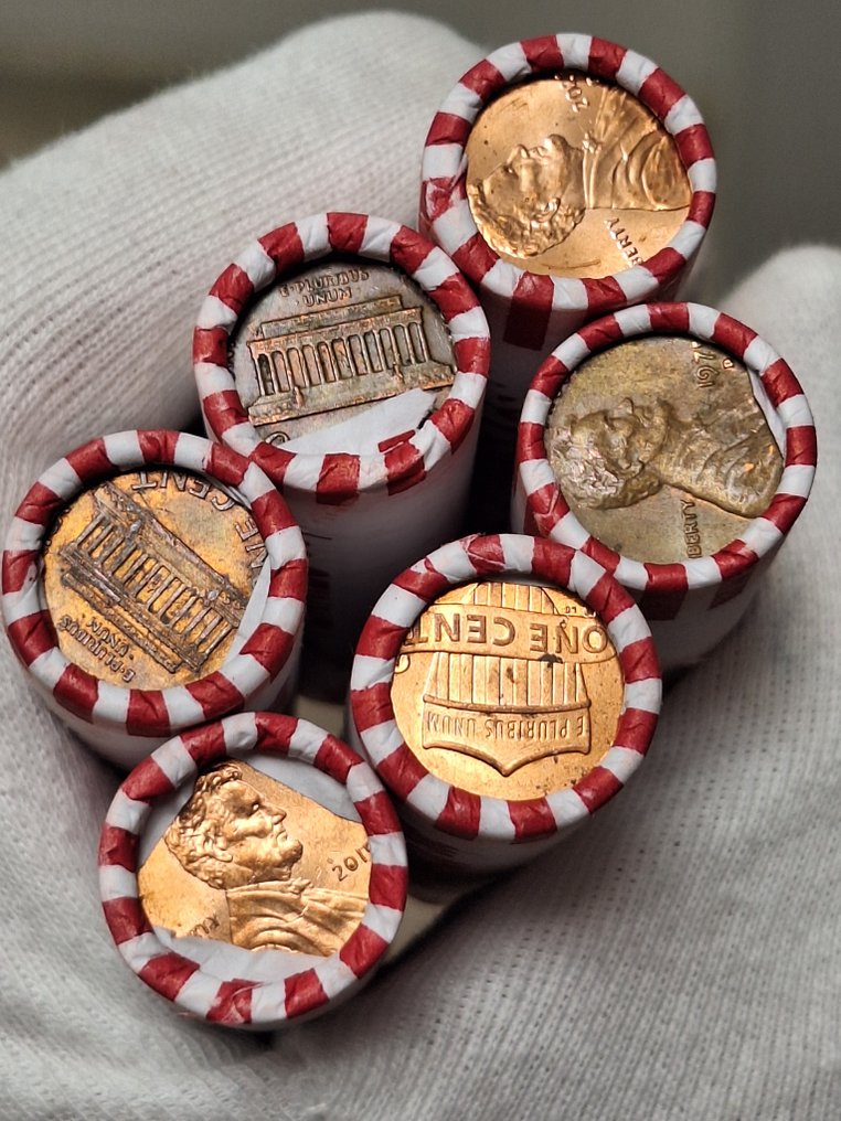 USA. 6 rolls of 50 Red Pennies cent, unopened P/D/S mints, wheat cents, error strikes, 1960 to 2024/ Total of 300 coins (Ohne mindestpreis) #1.0
