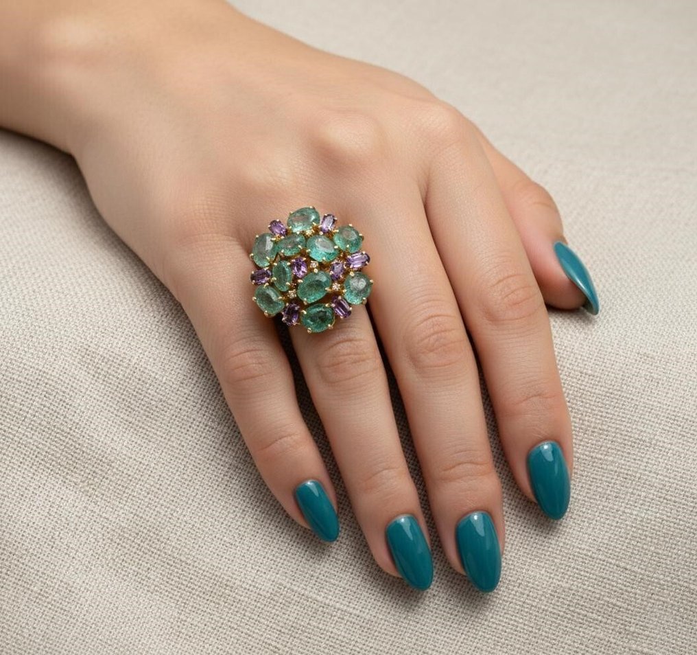 Fără preț de rezervă - Inel cocktail Argint - 12.30ct. tw. Smarald - Diamant #4.3