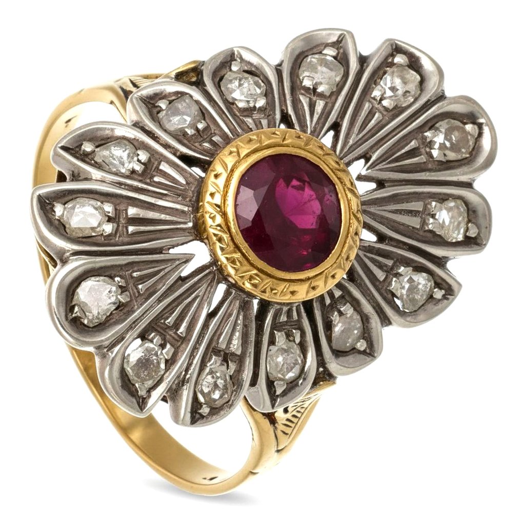 Bague - 18 carats Or jaune, Argent - 1.12ct. tw. Rubis - Diamant #1.0