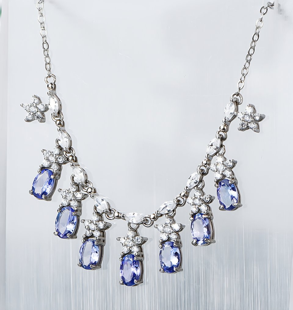 χωρίς τιμή ασφαλείας - Statement κολιέ - 18 καράτια Λευκός χρυσός, Ασημί - 3.50ct. tw. Τανζανίτης #1.0