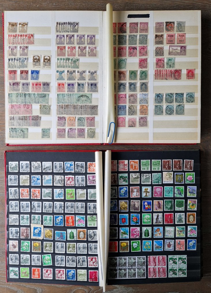 India & Japan - Approximately 3,500 (!) stamps including about 200 blocks of 4 + duplicates in 2 stock books. - Michel #1.0