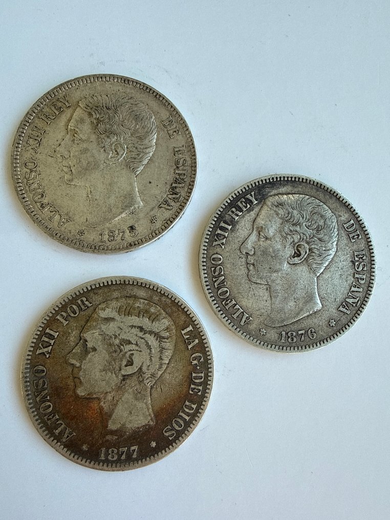 西班牙. 阿方索十二世. 5 Pesetas 1875-1876-1877  (没有保留价) #1.0
