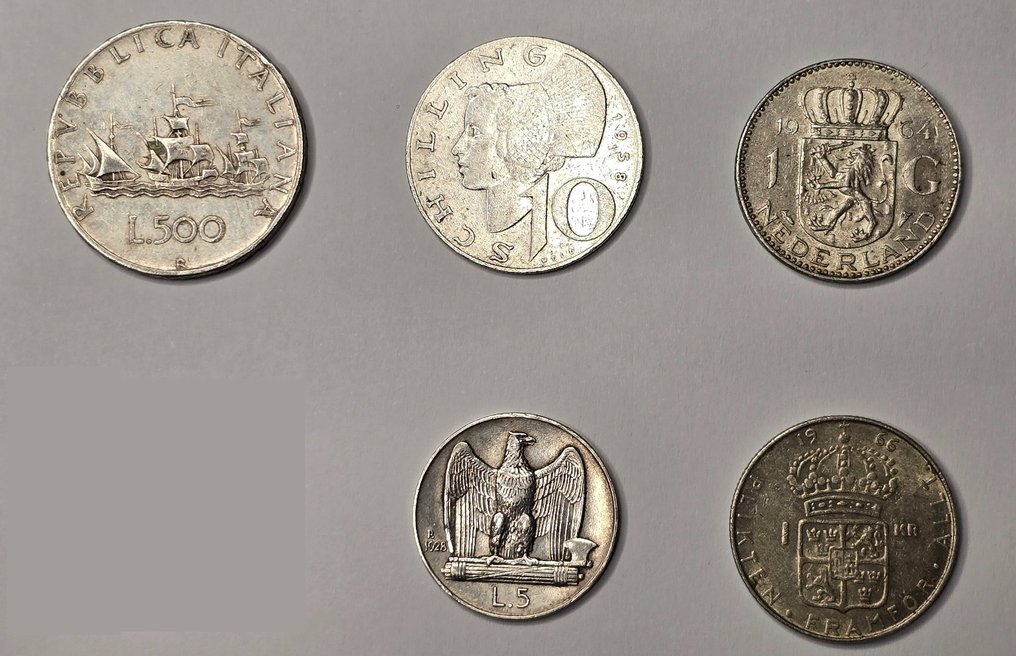 Italie, Pays-Bas, Autriche, Suède. 5 lire "aquilotto" 1928 - Regno d'Italia e altre monete d'argento. 1928 - 1966 (Sans prix de réserve) #1.0