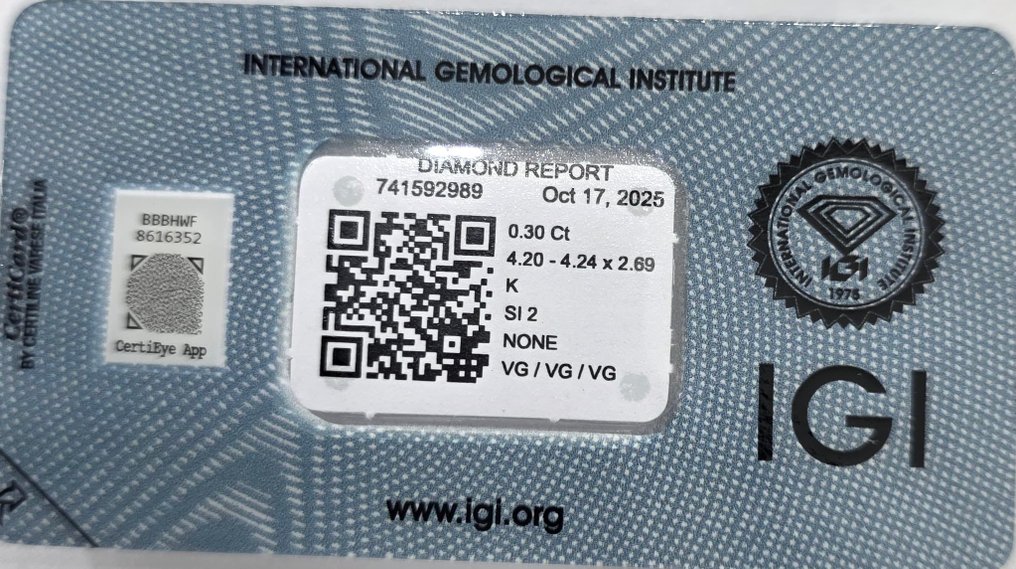 Fără preț de rezervă - 1 pcs Diamant (Natural) - 0.30 ct - Rotund - K - SI2 - IGI (Institutul gemologic internațional) #3.2