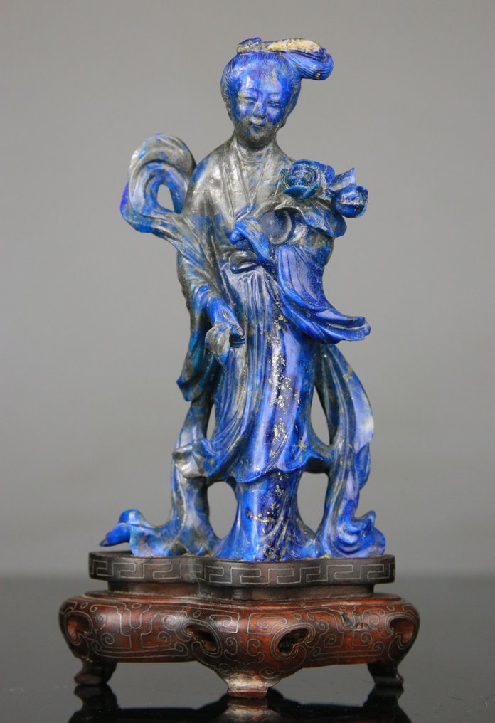 观音雕像小像 - 中国风雕塑，木质底座 - Lapis Lazuli - 中國 - 20世紀初 #1.0