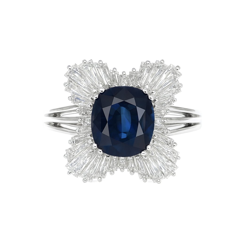 戒指 - 18 克拉 白金 -  4.05ct. tw. 藍寶石 - 鉆石 #1.0