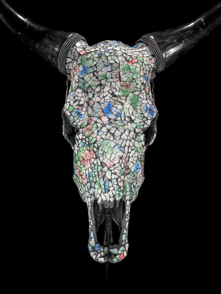 Χωρίς ελάχιστη τιμή - Εντυπωτικό κρανίο αγελάδας με ψηφιδωτό γυαλιού - Παστέλ πράσινο Κρανίο - Bos Taurus - 50 cm - 48 cm - 19 cm- Είδη που δεν ανήκουν στο CITES -  (1) #1.0