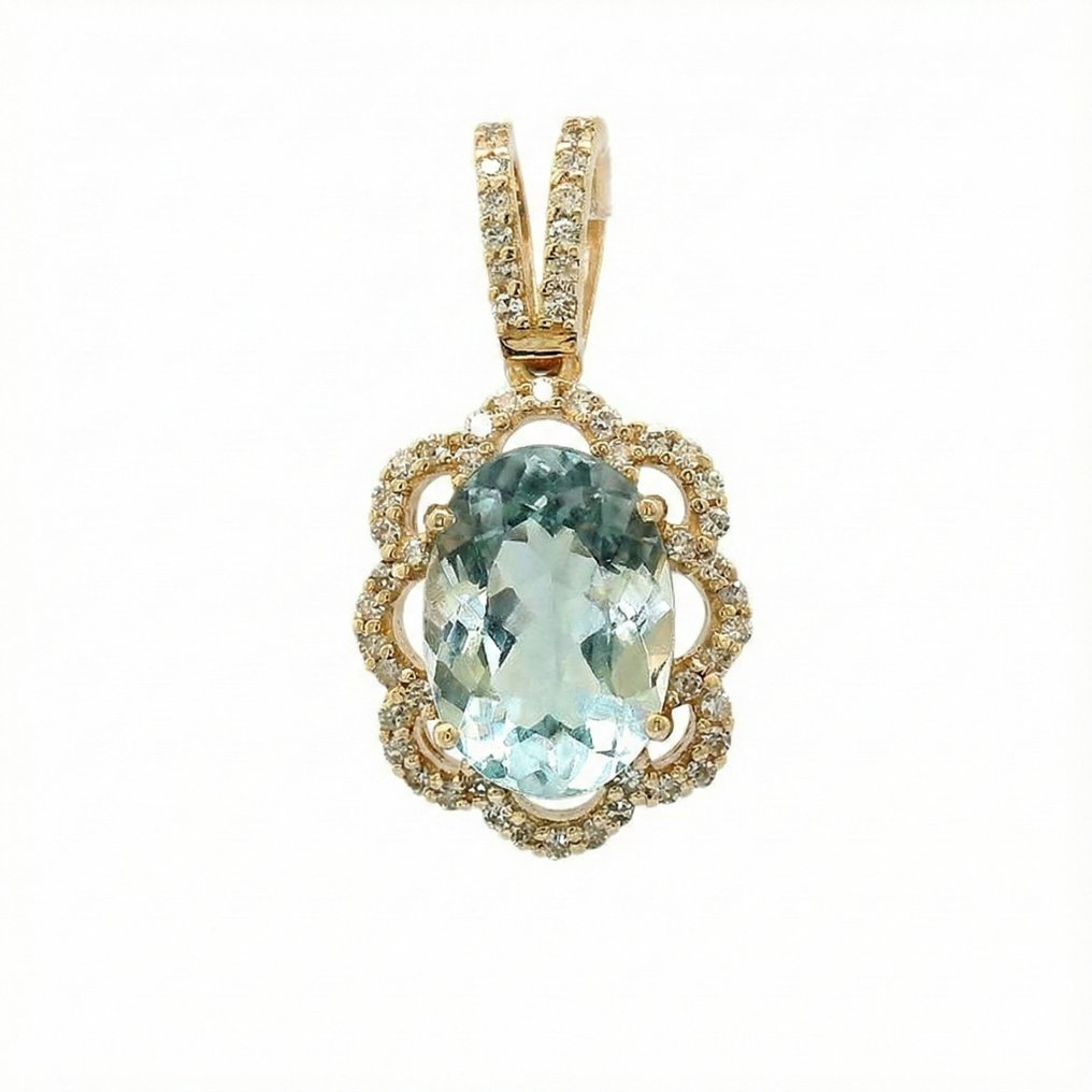 Zonder minimumprijs - Hanger - 14 karaat Geel goud - 1.98ct. tw. Aquamarijn - Diamant #1.0