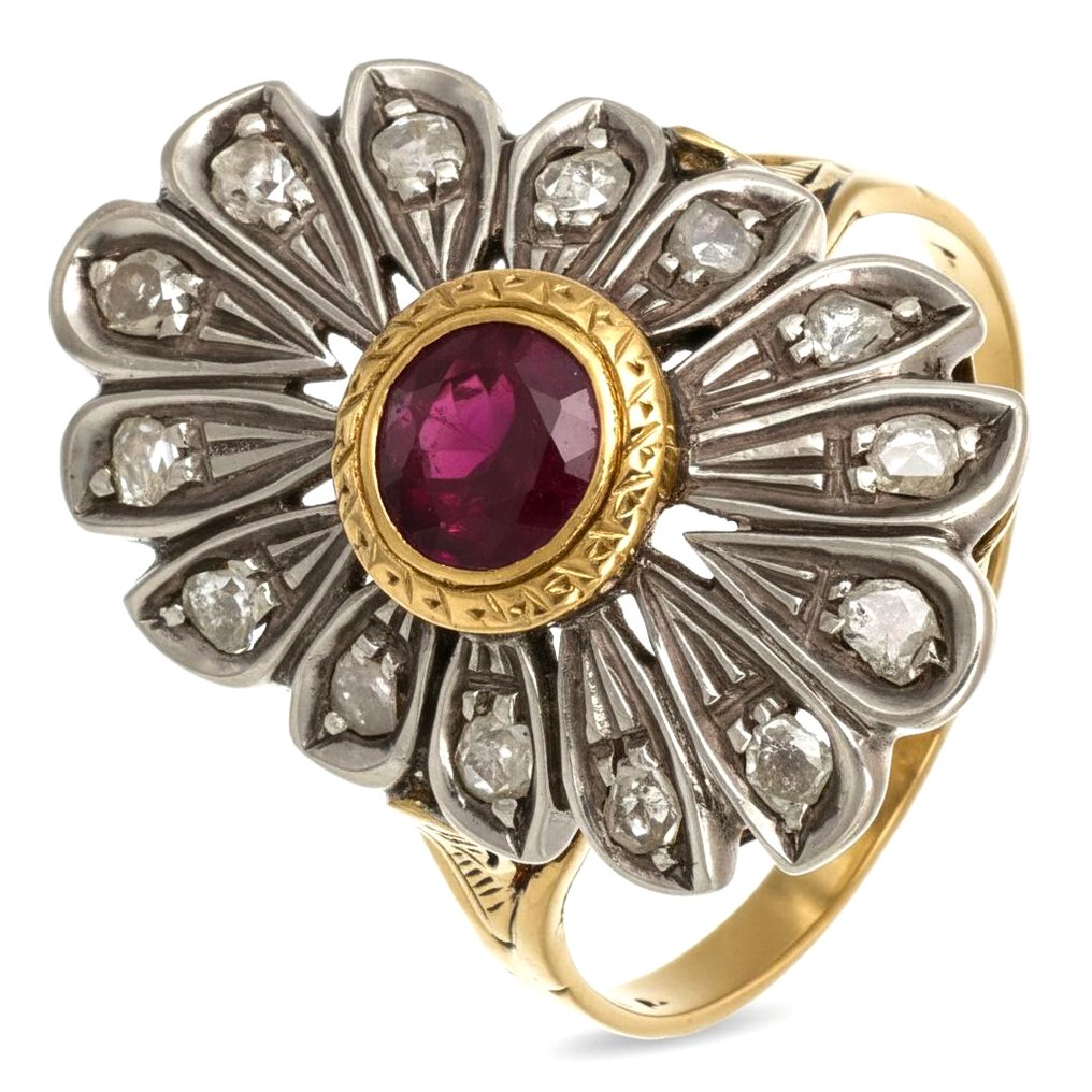 Bague - 18 carats Or jaune, Argent - 1.12ct. tw. Rubis - Diamant #2.1