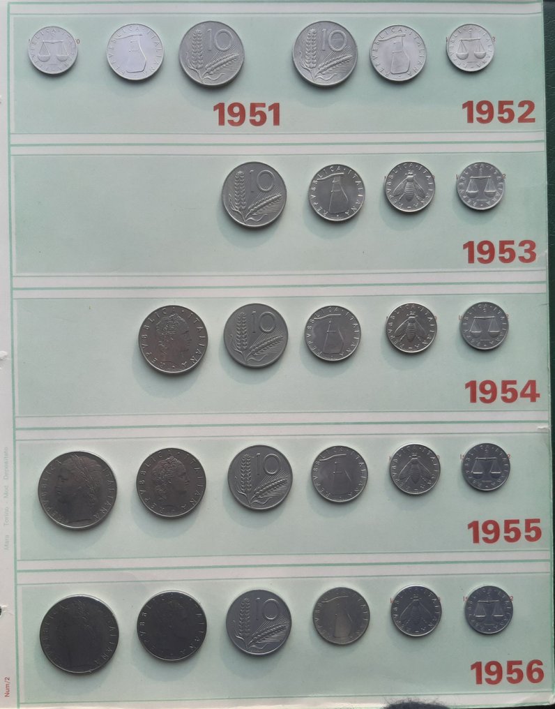 Italia, Republikken 6 Serie complete monete dal 1951 al 1956 con tutte le Rarità. inclusa 5 Lire 1956 (Molto Rara), la 50 Lire 1954 e la 100 Lire 1956 in ottima conservazione.  (Ingen reservasjonspris) #3.2