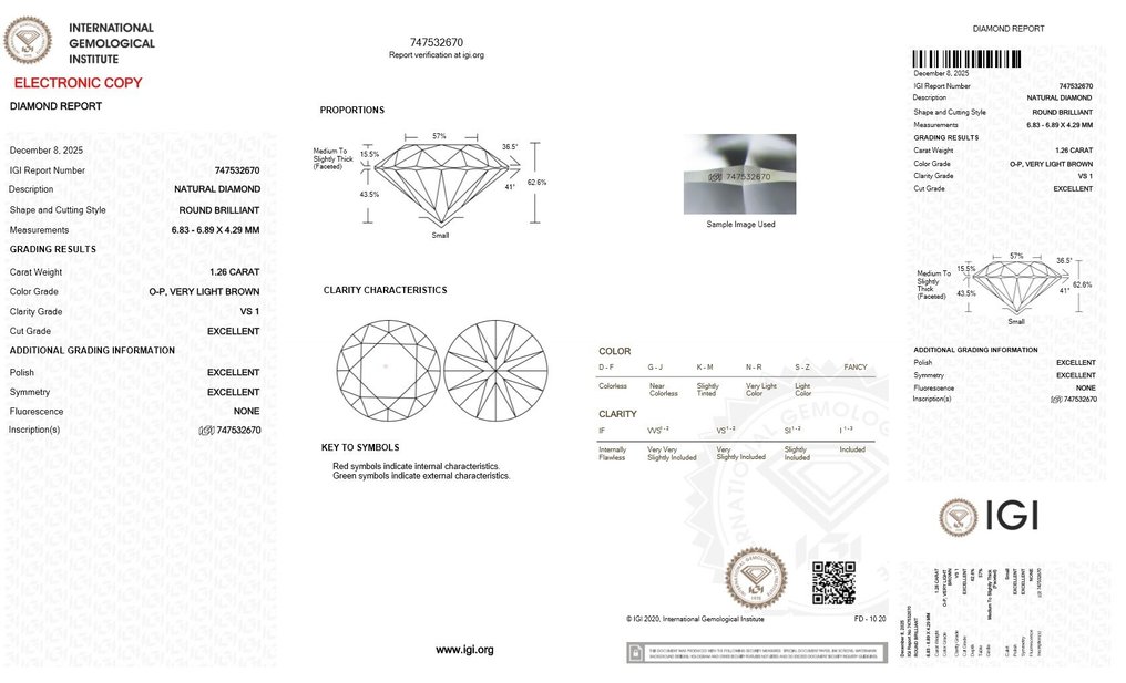 1 pcs Diamond (Natural) - 1.26 ct - Round - VS1 - International Gemological Institute (IGI) - O-P, 3EX #2.1