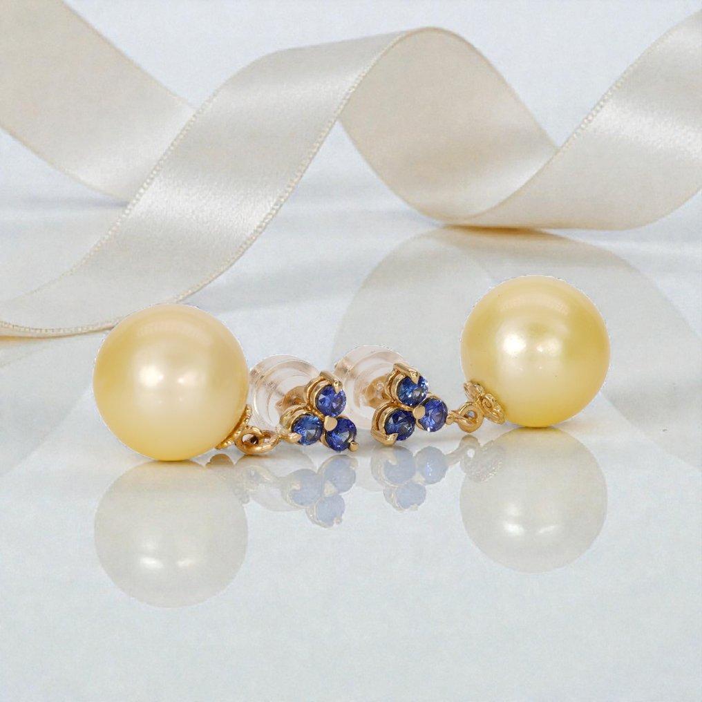 χωρίς τιμή ασφαλείας - Βραδινά σκουλαρίκια - 14 καράτια Κίτρινο χρυσό Ζαφείρι - Μαργαριτάρι - Ζαφείρια & Χρυσά SSP #3.2