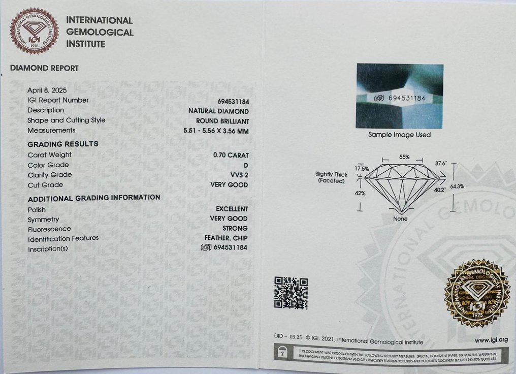 Ingen reservasjonspris - 1 pcs Diamant (Naturlig) - 0.70 ct - Rund - D (fargeløs) - VVS2 - Det internasjonale gemologiske institutt (IGI) - *VG EX* #3.2
