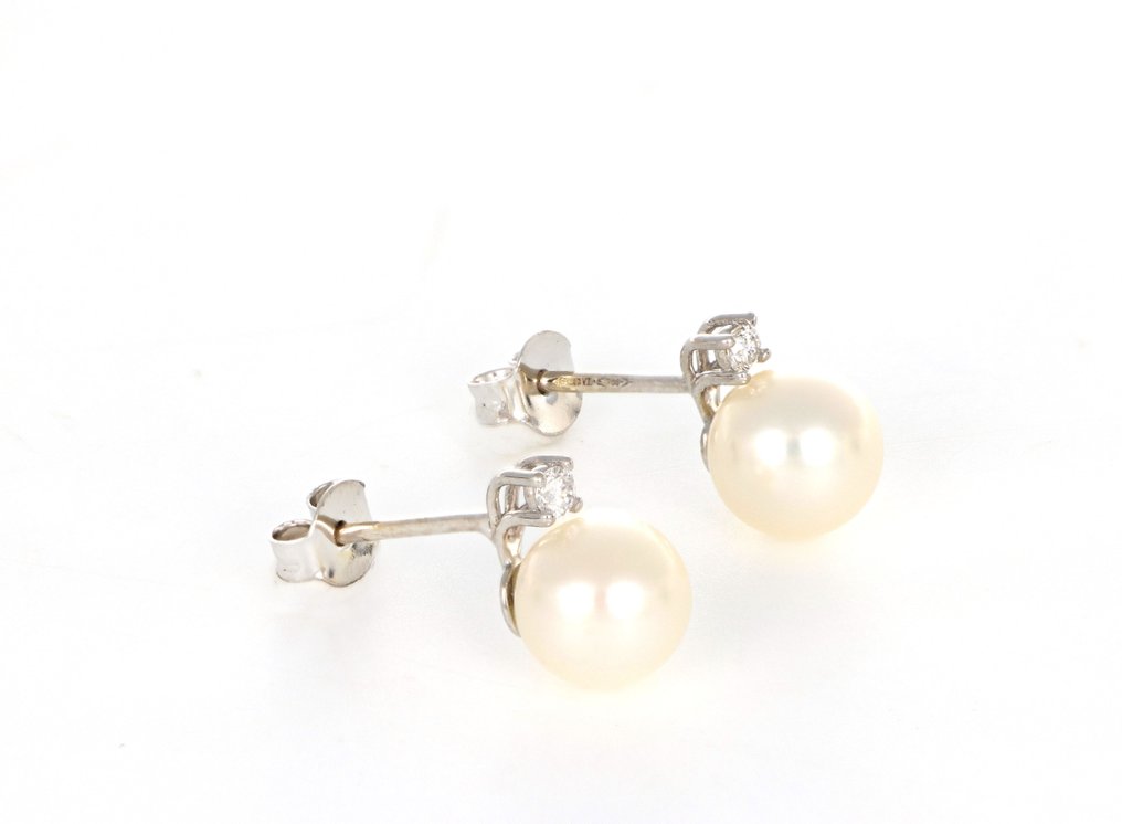 Zonder minimumprijs - Oorbellen - 18 karaat Witgoud - 0.10ct. tw. Diamant (Natuurlijk) - Parel #1.0