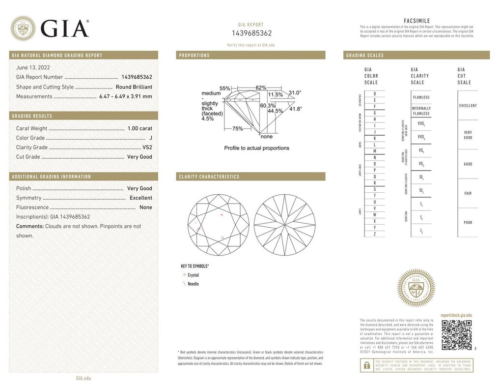 1 pcs Diamant  (Natuurlijk)  - 1.00 ct - Rond - J - VS2 - Gemological Institute of America (GIA) - IYN00049 #4.3