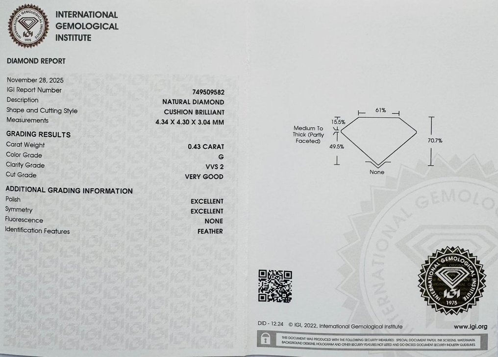 没有保留价 - 1 pcs 钻石  (天然)  - 0.43 ct - 枕形 - G - VVS2 极轻微内含二级 - 国际宝石研究院（IGI） - *VG EX None* #3.2