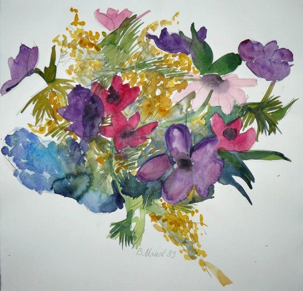 Signed; Bettina Mauel - unique; Aquarell "Blumen-Stillleben" - 1995 #1.0
