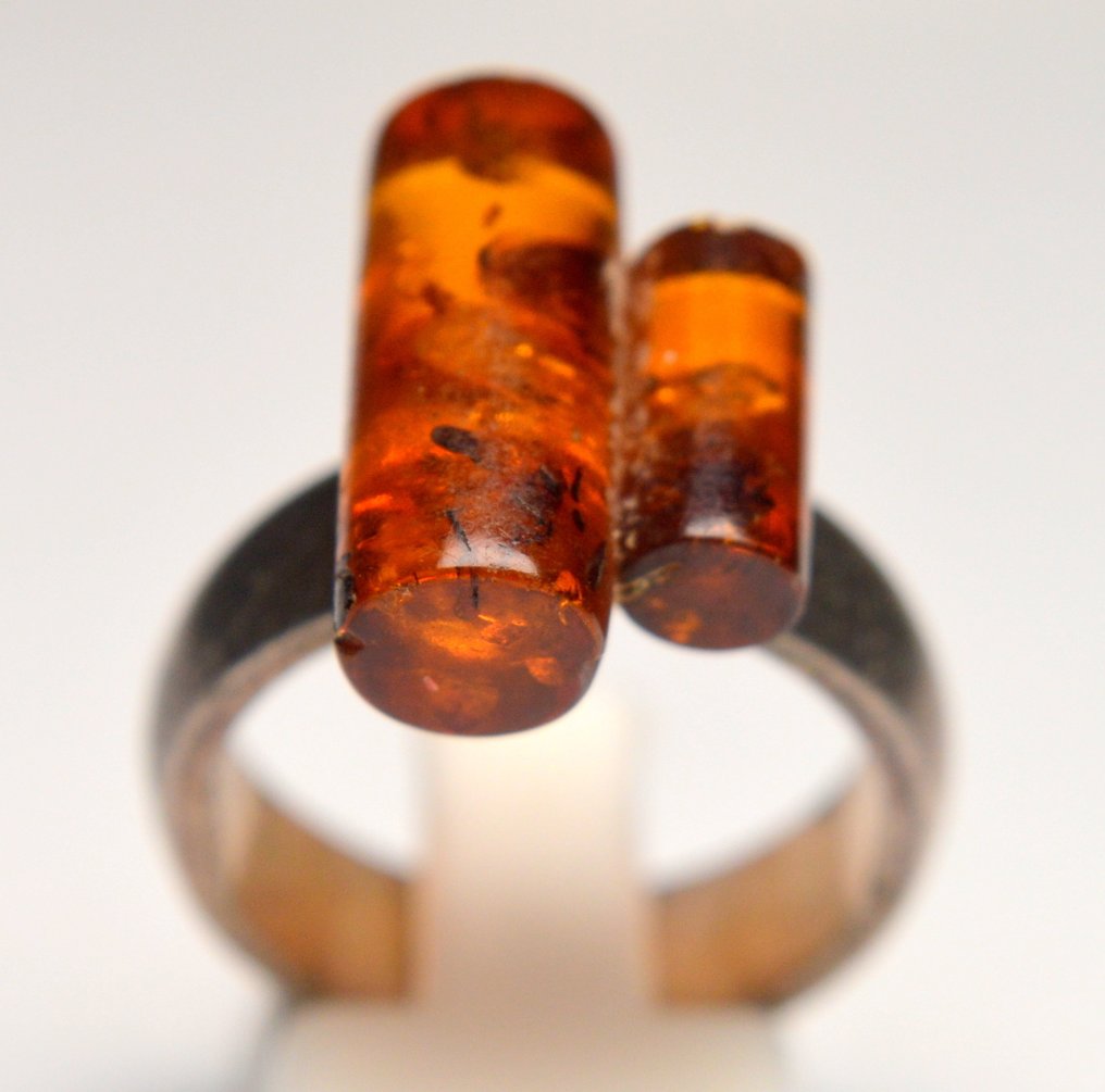 Κεχριμπάρι - Ασήμι 925 - 7,73g - Κύλινδρος σωλήνας με πέτρες - Δαχτυλίδι - Φυσικό Βαλτικό Κεχριμπάρι #1.0