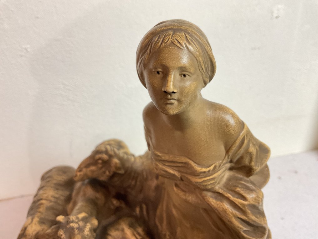C. Mazzei - Statue, Bergere et ces moutons - 31 cm - Terracotta - 1920 #1.0