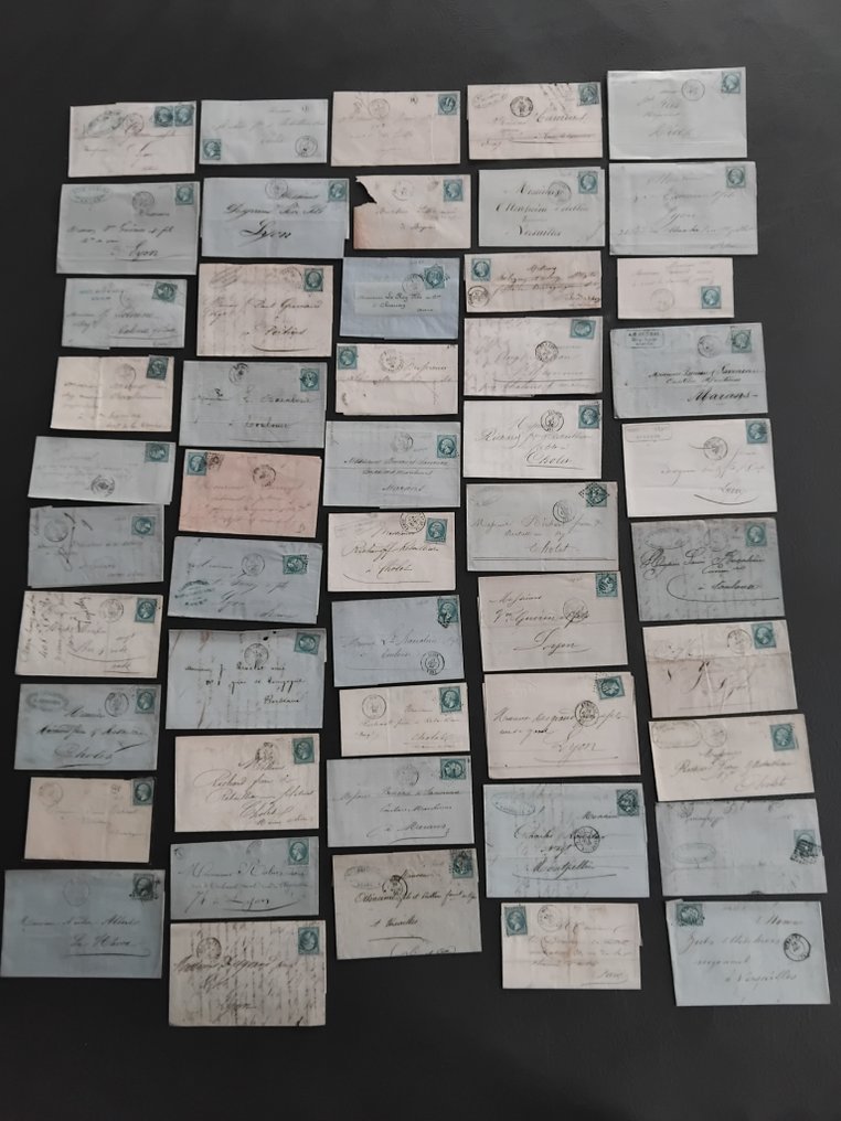 Franciaország 1862 - Bélyeggyűjtemény 50 klasszikus levélre, úgynevezett 'kék' típus, Napóleon típus, 20 centes kék, - Typte , Teinte & Oblitérations ,Yvert n°22 , Voir photos & déscriptif. #1.0