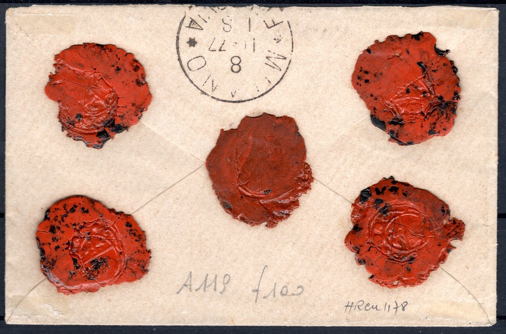 Królestwo Włoskie 1877 - List polecony opłacony znaczkami o łącznej wartości 3 x 20 centów, kolor ochra-pomarańczowy, wysłany - Sassone n. 28 #1.0