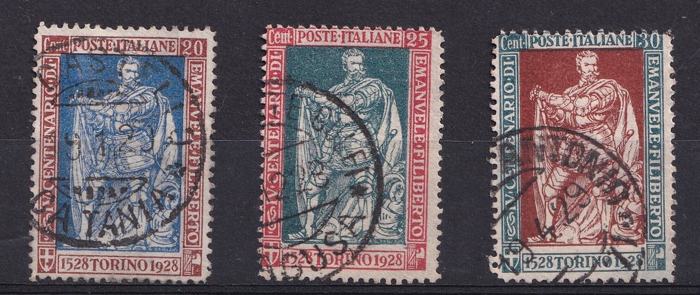 Italia Regno 1928 - Emanuele Filiberto 20 cent+25 c.+30 cent con certificato peritale Zappalà - Sassone nn.230-231-232 #1.0