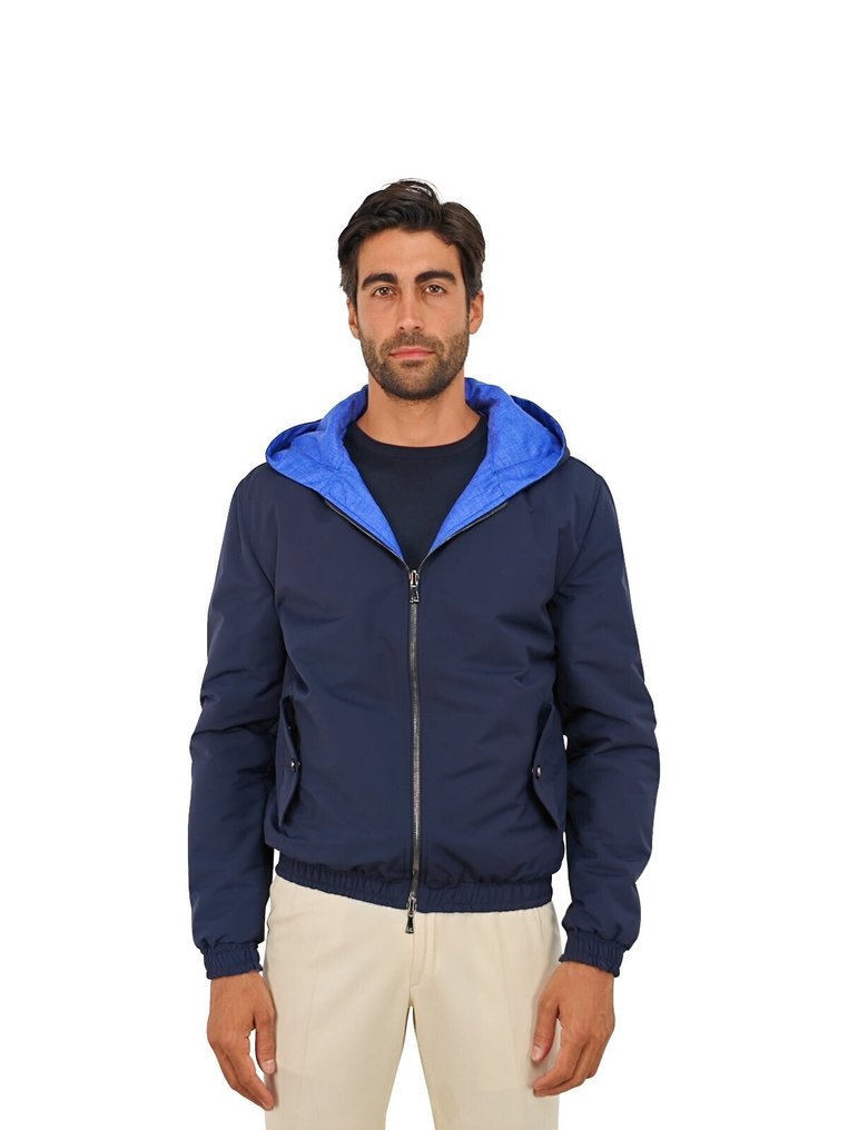ISAIA NAPOLI RRP 3400€ Blue Reversible Hooded Bomber Jacket Wool Blend - 50 IT - Casaco Bomber - New with tags #1.0