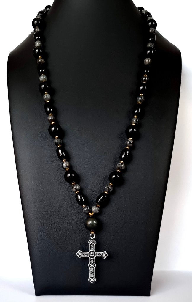 拉布拉多石与黑曜石项链——徽章基督教——“Memento Mori”十字架 - 吊坠项链 - 谦逊的提醒 #1.0