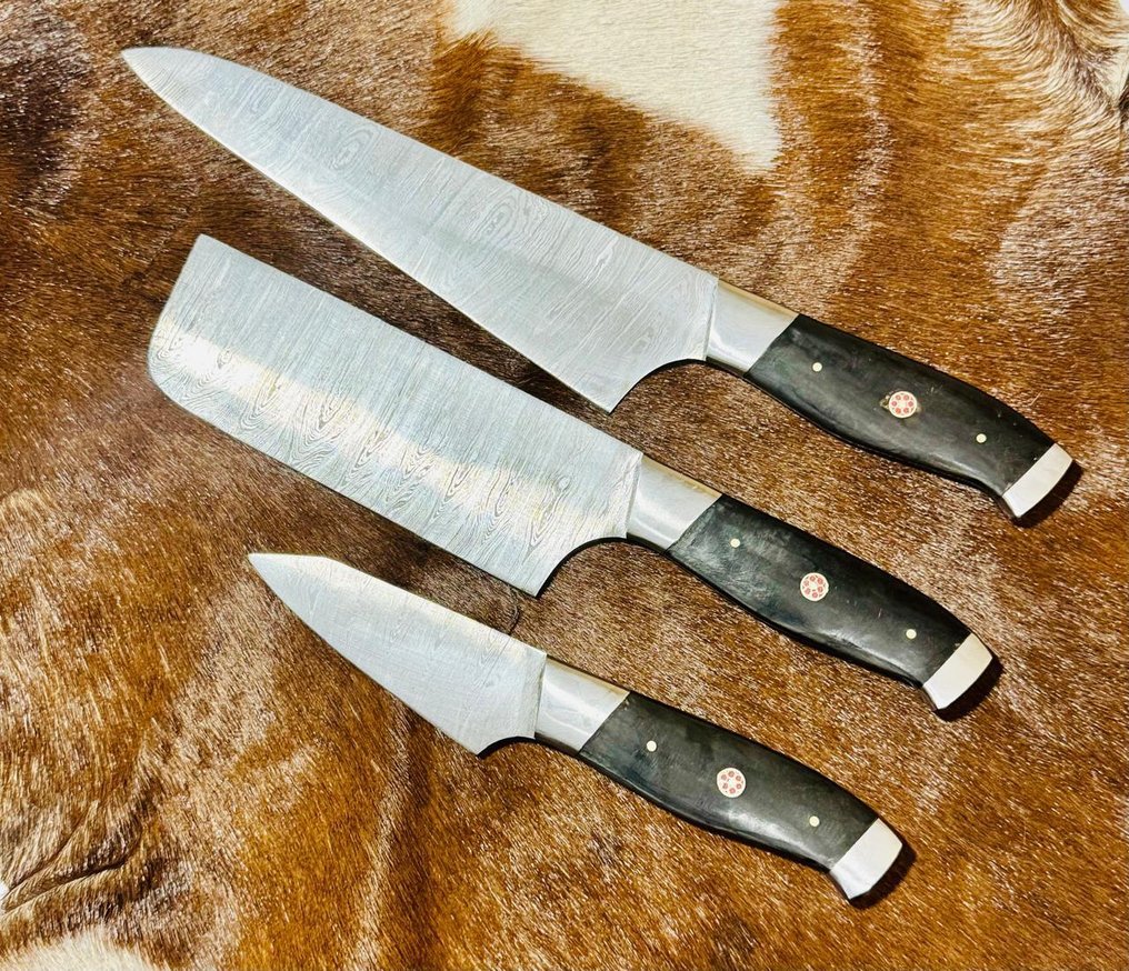 Μαχαίρι κουζίνας -  Σετ μαχαίρια κουζίνας (0061) - Λαβή από κέρατο βούβαλου και λεπίδα από διπλωμένο ατσάλι 1095/15N20. - Ηνωμένο Βασίλειο - Σετ μαχαίρια κουζίνας #1.0