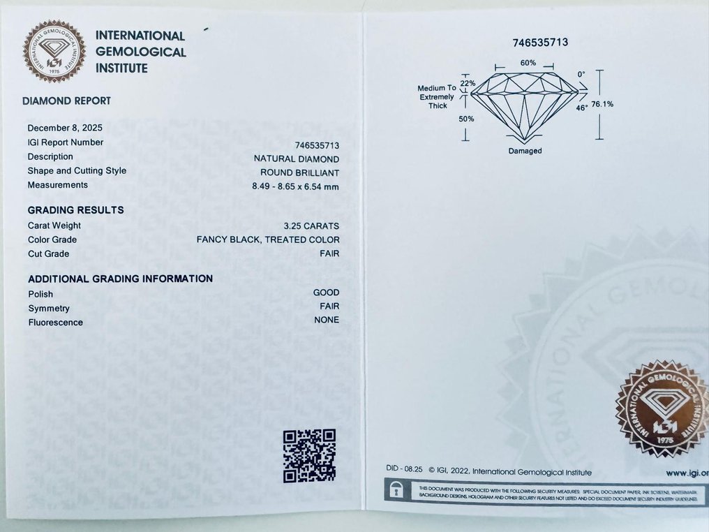 No reserve price - 1 pcs Diamond  (Colour-treated)  - 3.25 ct - Round - Fancy Black - Not specified in lab report - International Gemological Institute (IGI) #3.2
