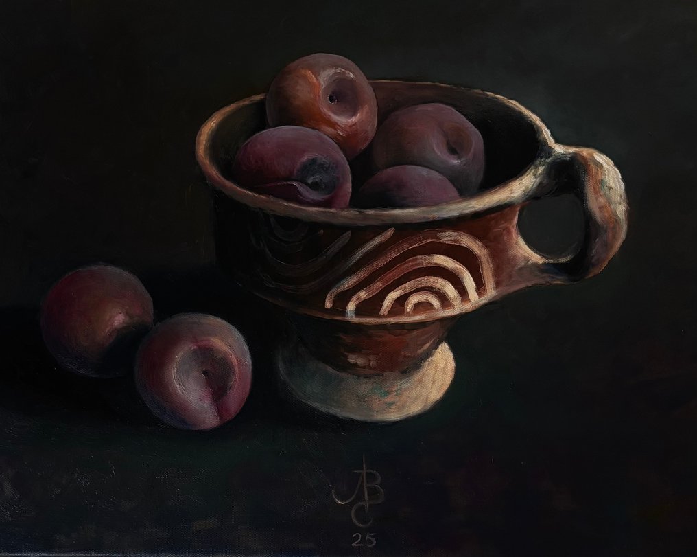 Bert van der Meer (1980) - Stilleven met Slibaardewerk en pruimen #2.1