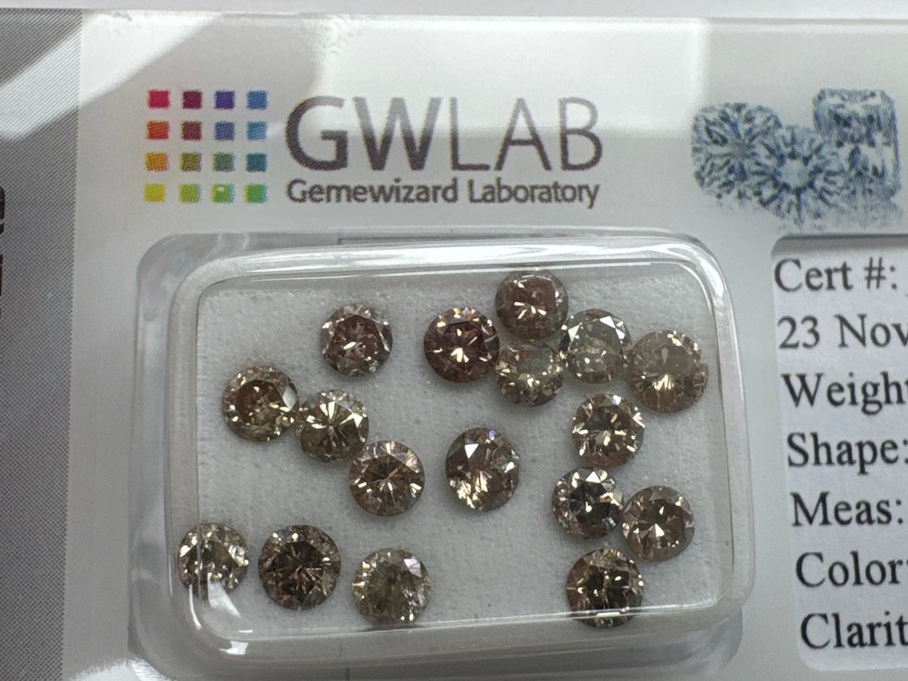 No reserve price - 17 pcs Diamond (Natural coloured) - 2.22 ct - Round Brown - I1, SI1 - Gemewizard Gemological Laboratory (GWLab) #1.0