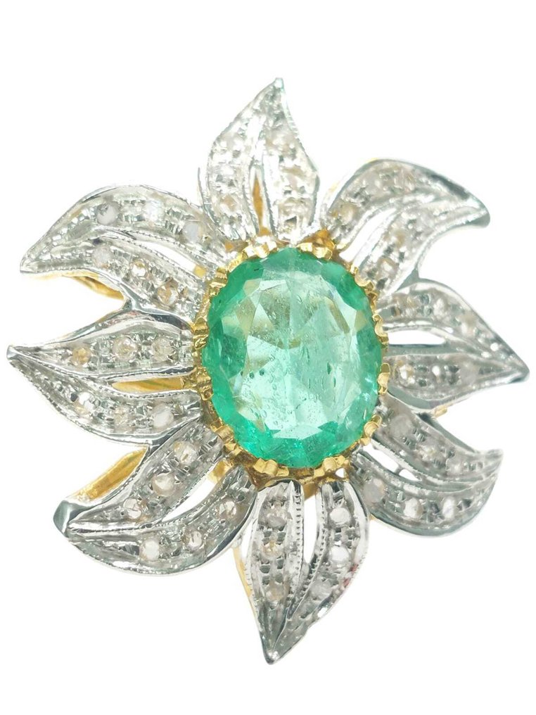 Nincs minimálár - Gyűrű - 9 Kt Ezüst, Sárga arany Smaragd - Gyémánt #3.2